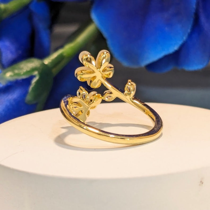 PRIMA DONNA SERIES - Mother Of Pearl Dual Flowers with 5A Zirconia 18K Gold Plated Adjustable Finger Ring