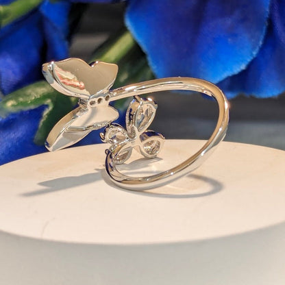 PRIMA DONNA SERIES - Rhodium Plated Mother of Pearl Butterfly with 5A Zirconia Flower Adjustable Finger Ring