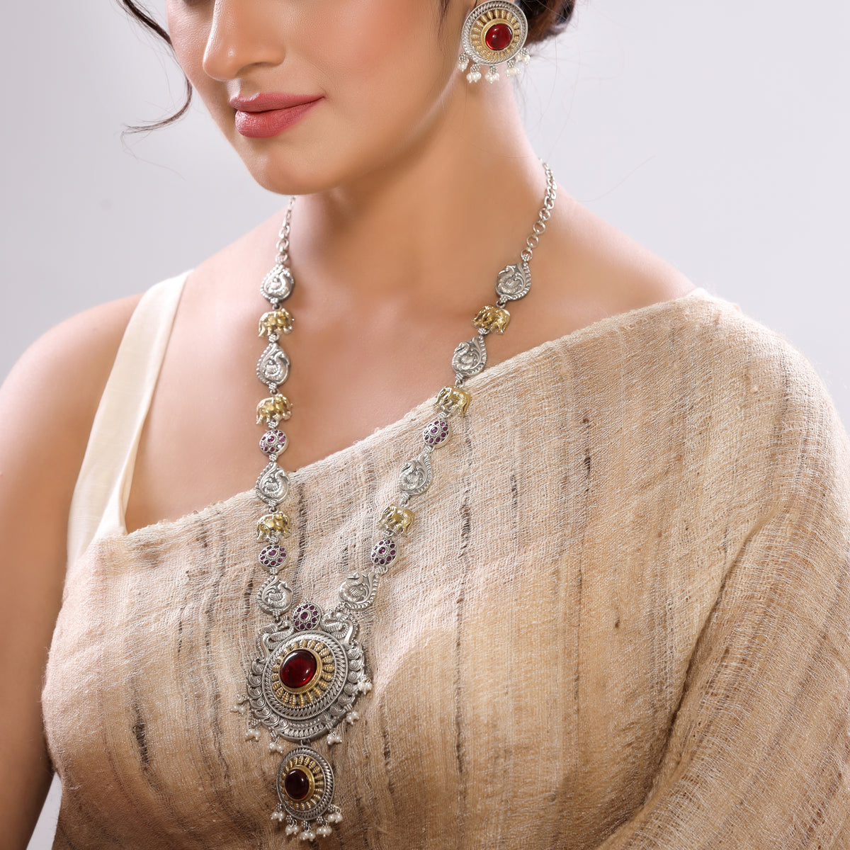 Dual-Tone German Silver Necklace Set with Red Monalisa Stone