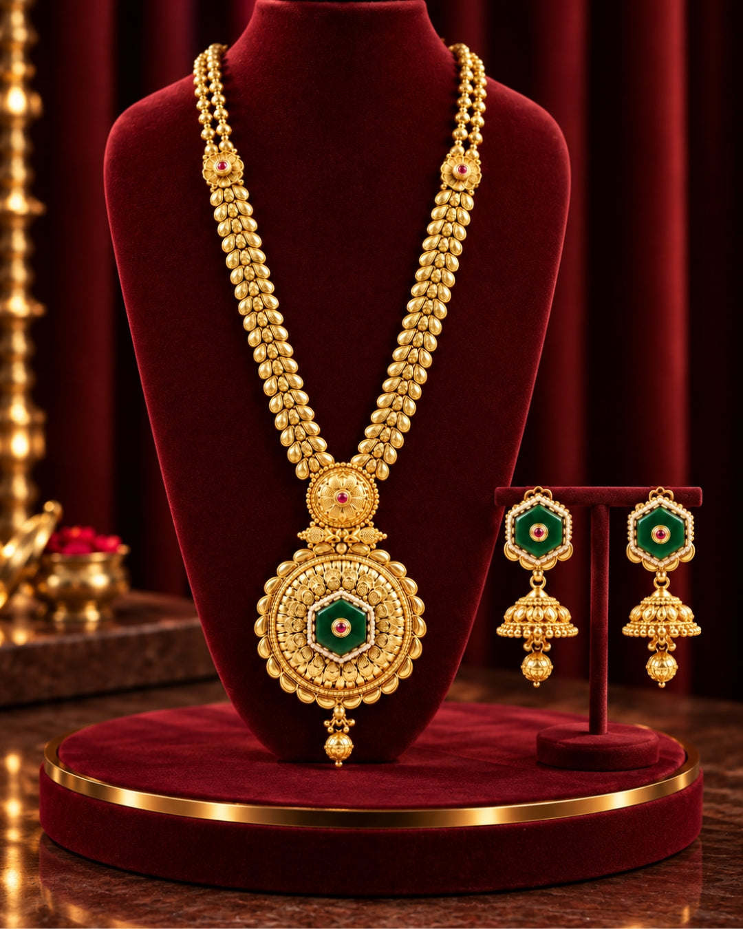 Traditional 22K Micron Gold Plated Long Heritage Jadau Necklace Set