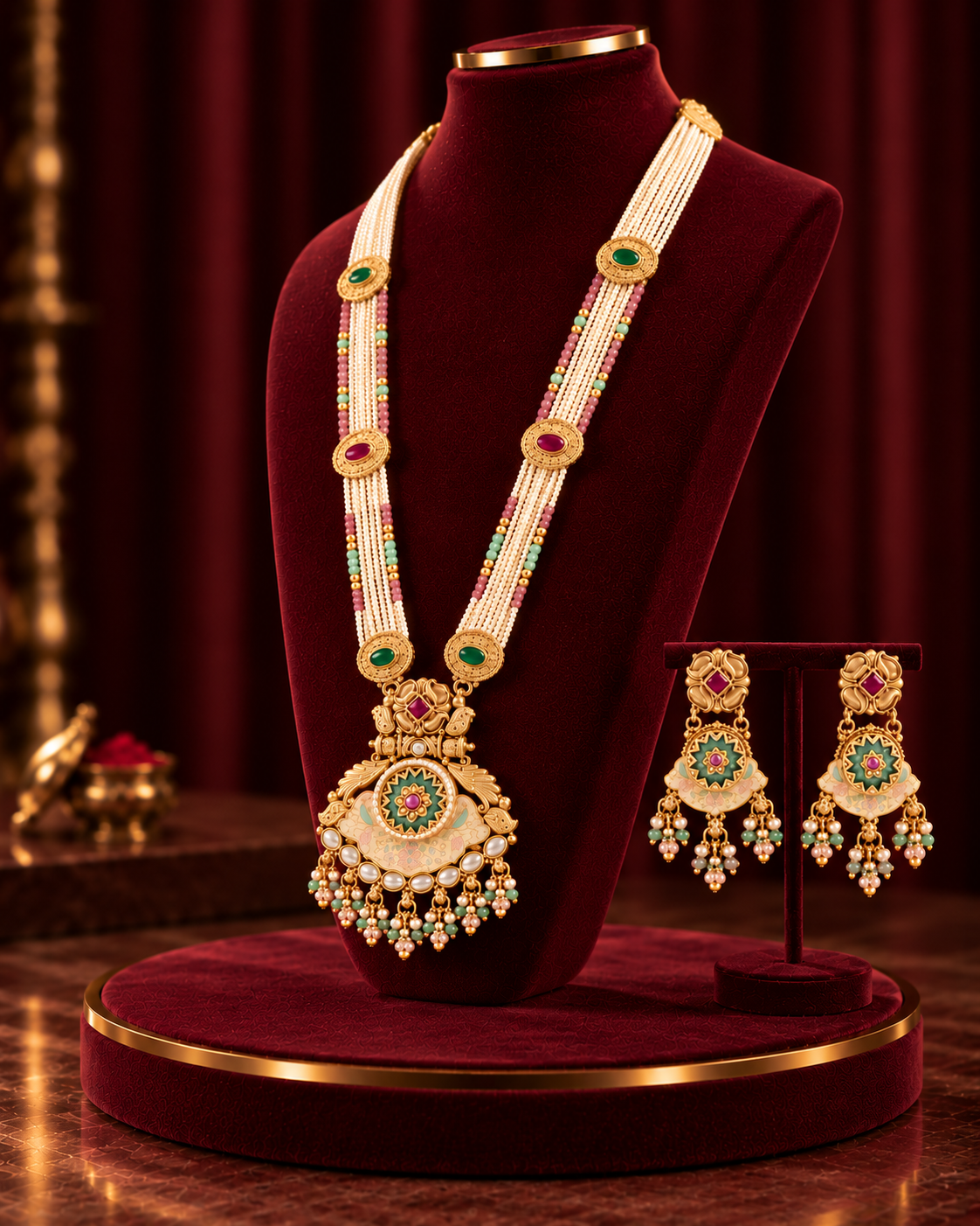 Traditional 22k Micron Gold Plated Long Heritage Jadau Necklace Set with Pearl Detailing