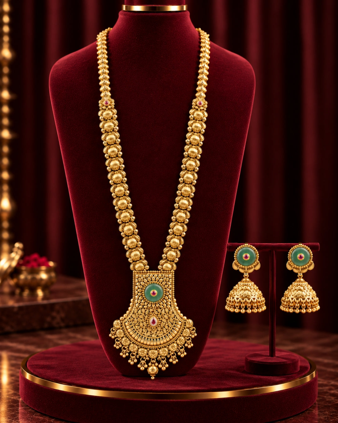 Traditional 22K Micron Gold Plated Long Heritage Necklace Set with Bold Mint Stone Pendant