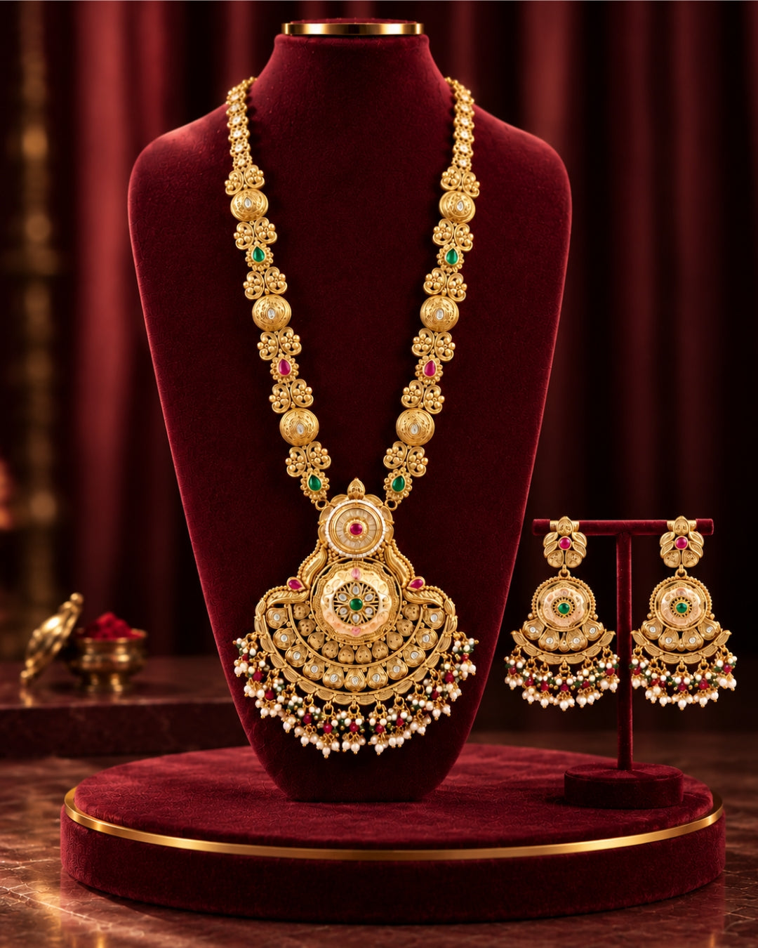 Traditional 22K Micron Gold Plated Long Heritage Necklace Set with Heavy detailing Large Pendant