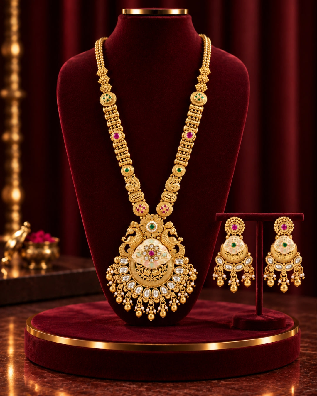Traditional 22K Micron Gold Plated Long Heritage Necklace Set with Peacock Filigree