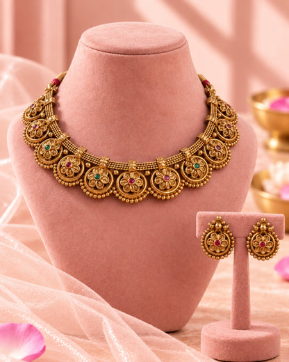 Gold-Plated Round Floral Necklace & Earrings Set