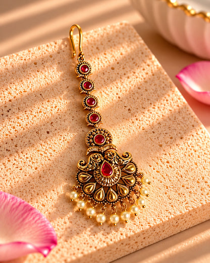 Gold-Plated Ruby Studded off White Beads Maang Tikka
