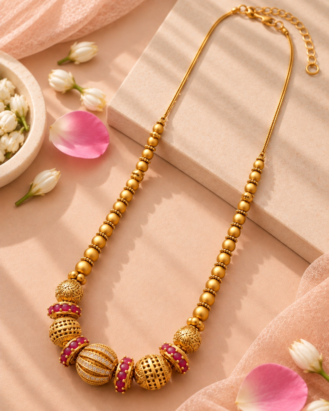Pink Stone & AD Gold-Plated Beaded Necklace