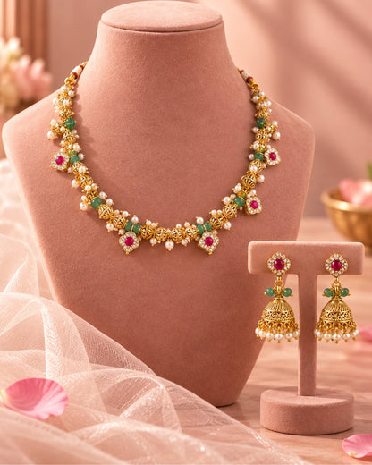 Golden & Mint Green Beaded AD & Ruby studded necklace set with Jhumka