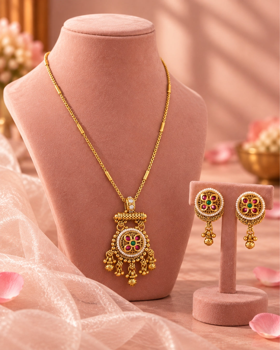 Bar Snake Chain Round Pendant Pearl & Beaded Necklace Set