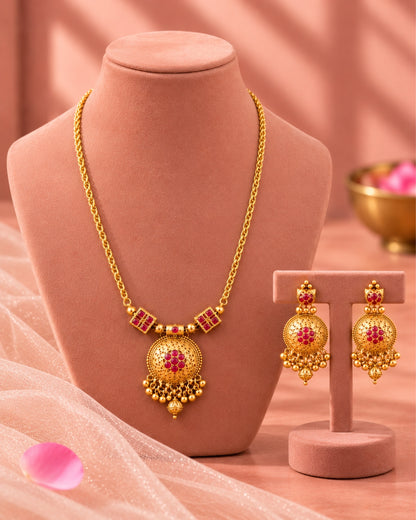 Gold Round Pink Stone & Beaded Pendant Necklace Set
