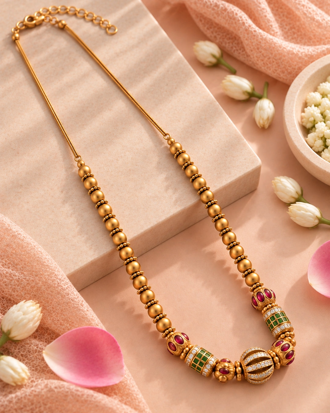 Oval Gold-Plated Beaded Multicolour Stone AD Chain Necklace
