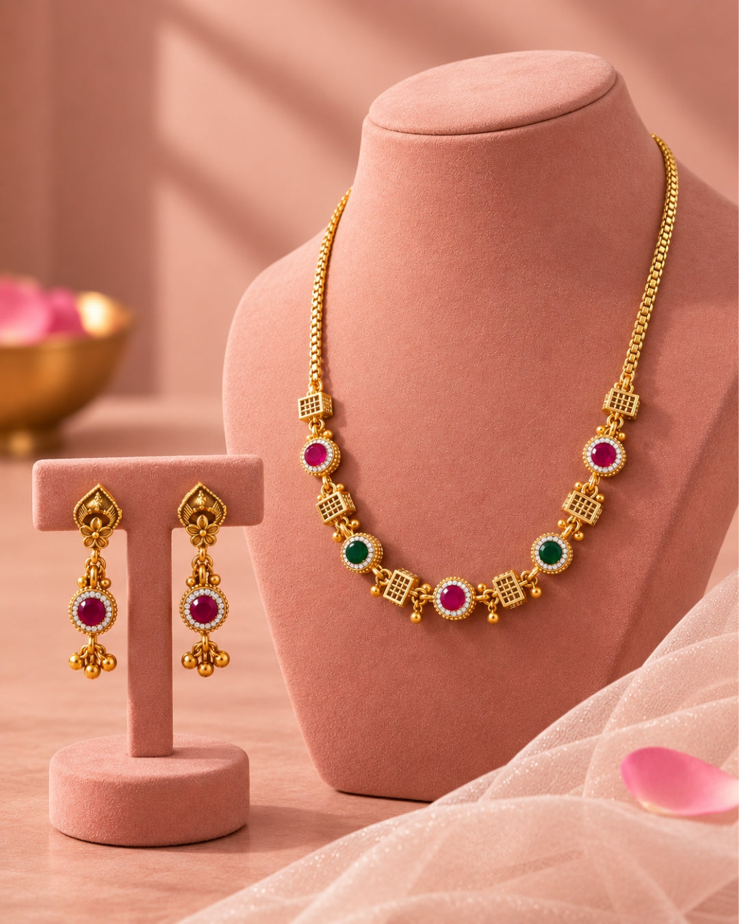 Round AD, Red & Green Stone Chain Necklace Set