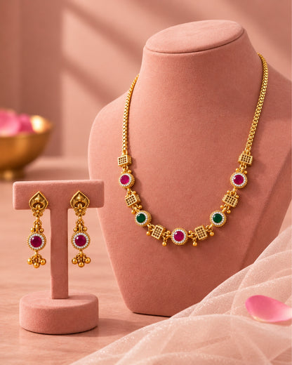 Round AD, Red & Green Stone Chain Necklace Set
