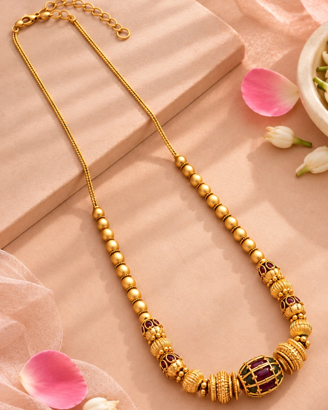 Traditional Gold Ball Red Stone Gold-Plated Necklace