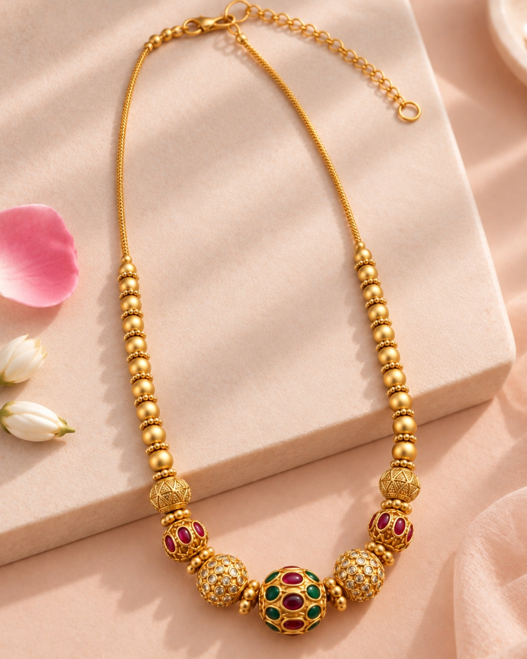 Circular Beaded AD & Stone Chain Necklace