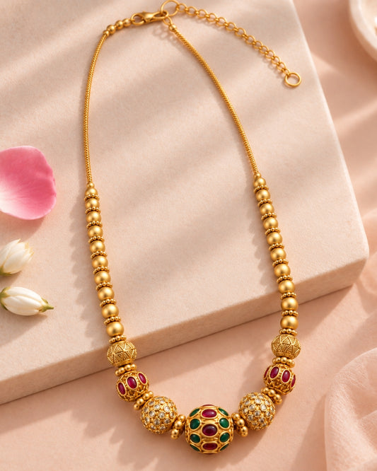 Circular Beaded AD & Stone Chain Necklace
