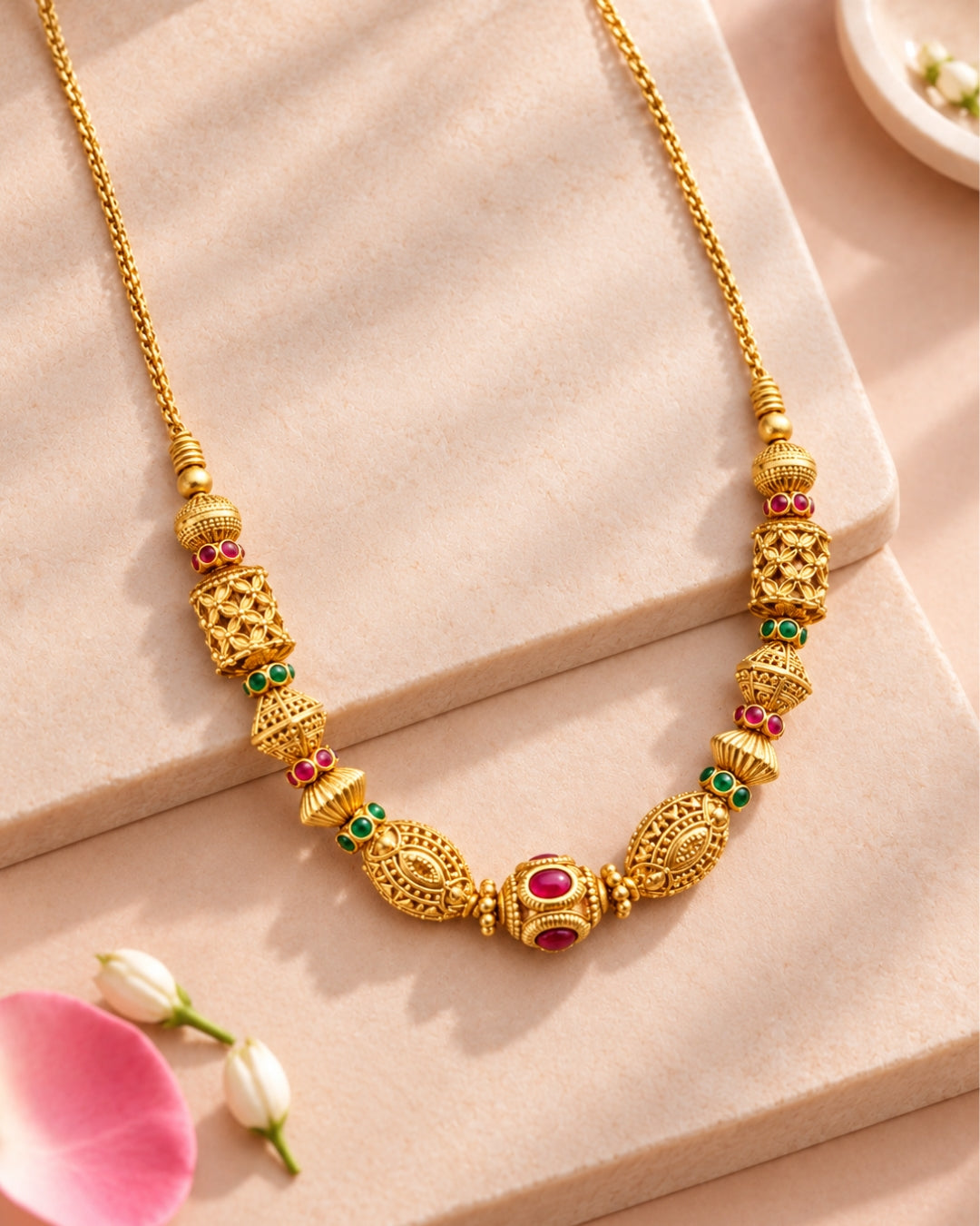Traditional Oval Beaded Red & Green Stone Chain Necklace