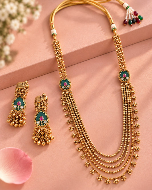 Multi-Layered Gold-Plated Emerald Long Necklace Set