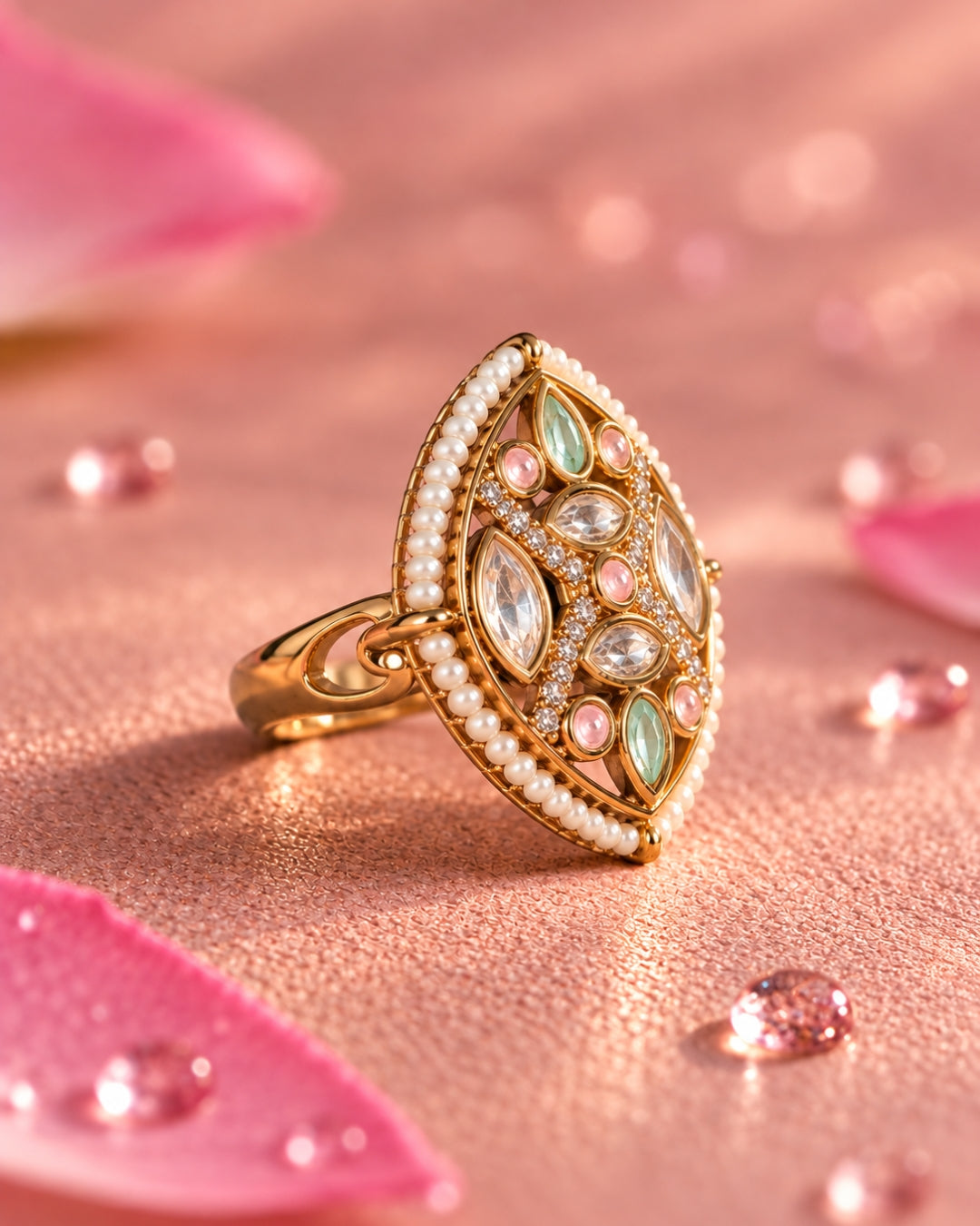 Kundan & AD Studded Pearl-Edge Adjustable Ring