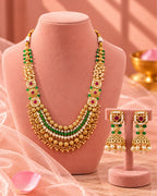 Jadau Gold Plated Emerald Ruby Pearl Detailing Traditional Necklace Set