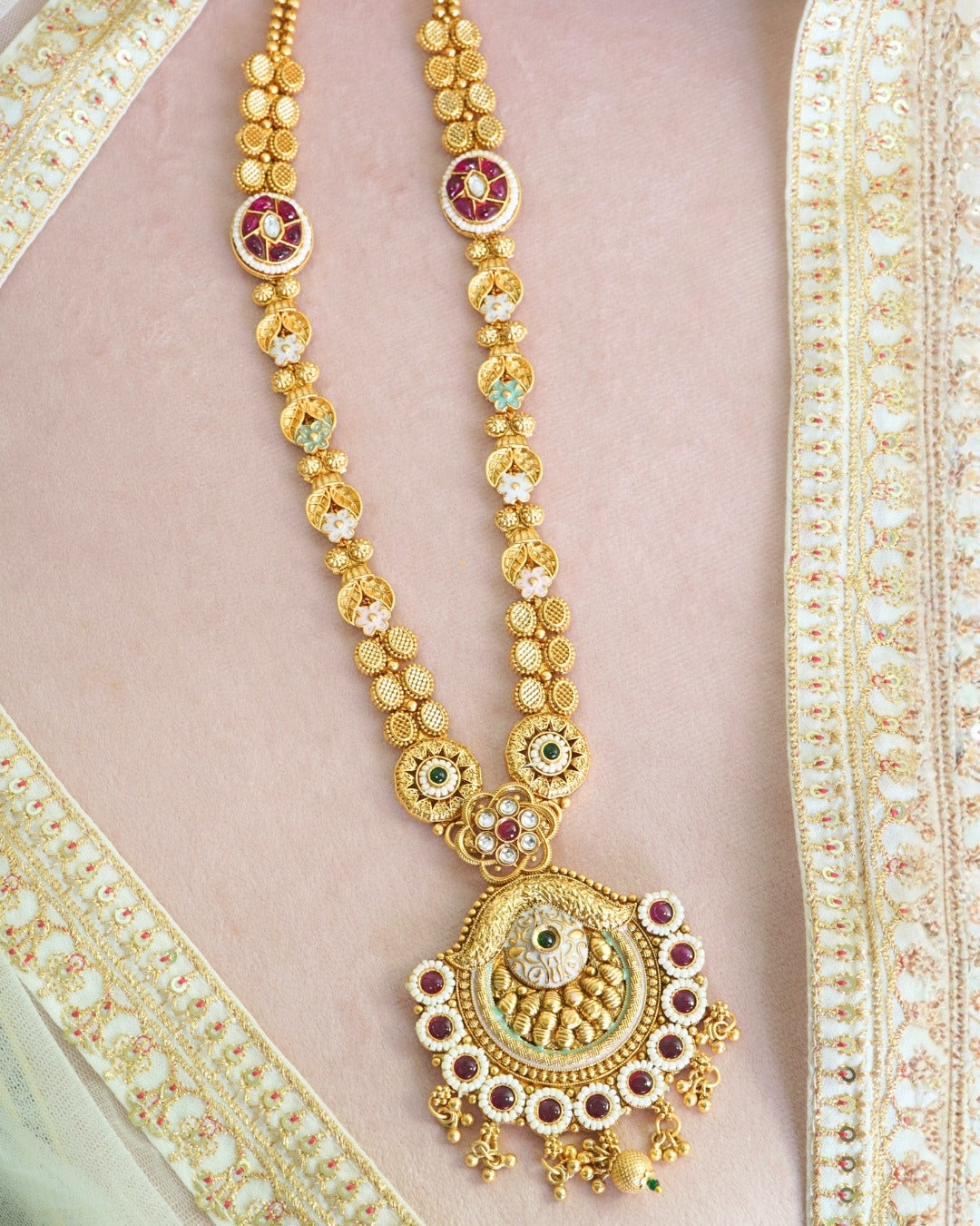 Long Gold-Plated Meenakari & Multistone Necklace Set