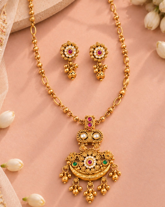 Braided Beaded Gold-Plated Floral Pendant Necklace Set
