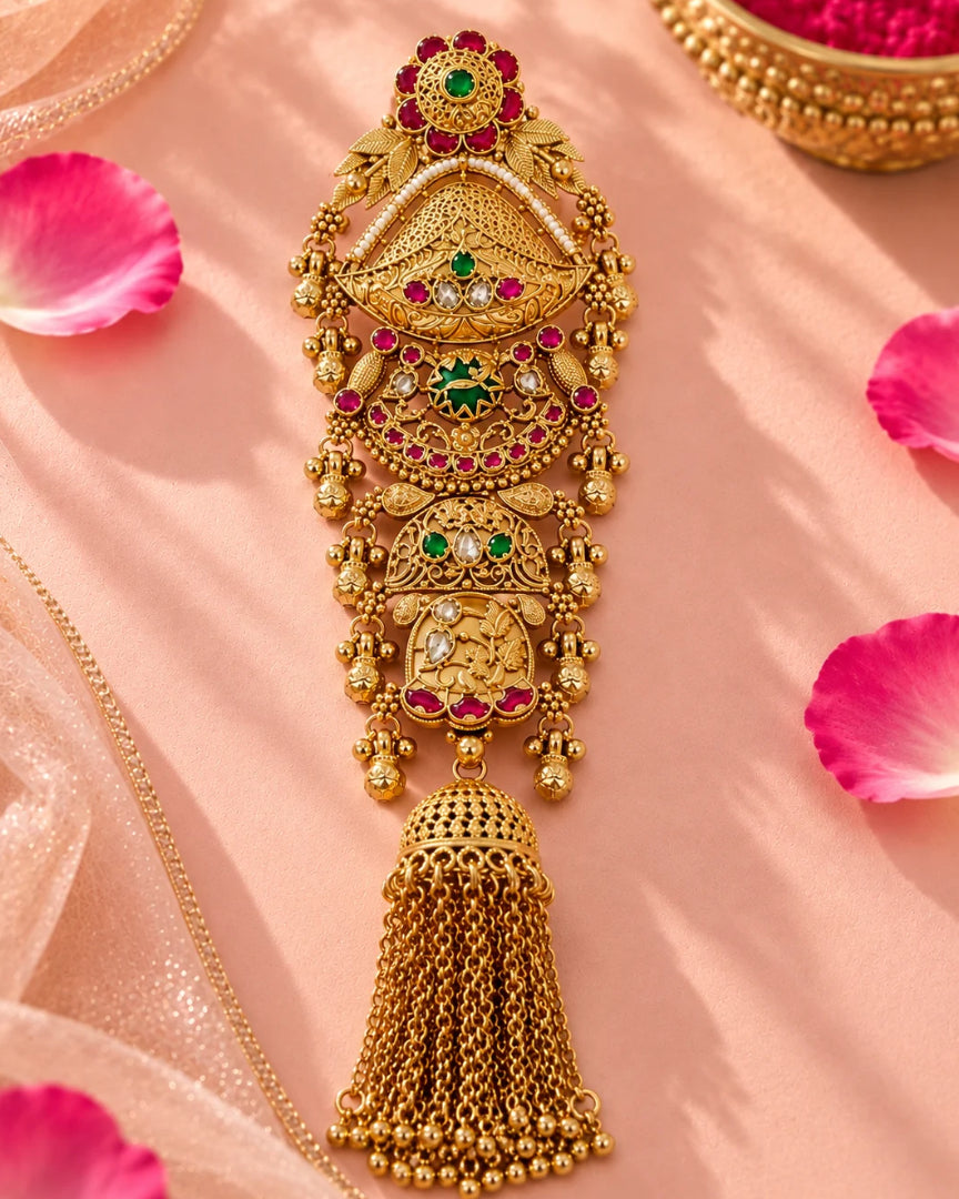 22K Micron Gold Plated Bridal Pearl & Stone Beaded Hair Accessory with Jhumka Drops