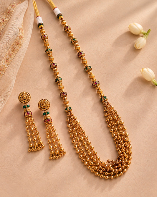 Long Multilayer Beaded Multistone Necklace & Dangler Earrings