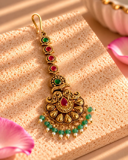 Handcrafted Gold Plated Multicolor Beads and Stones Maang Tikka