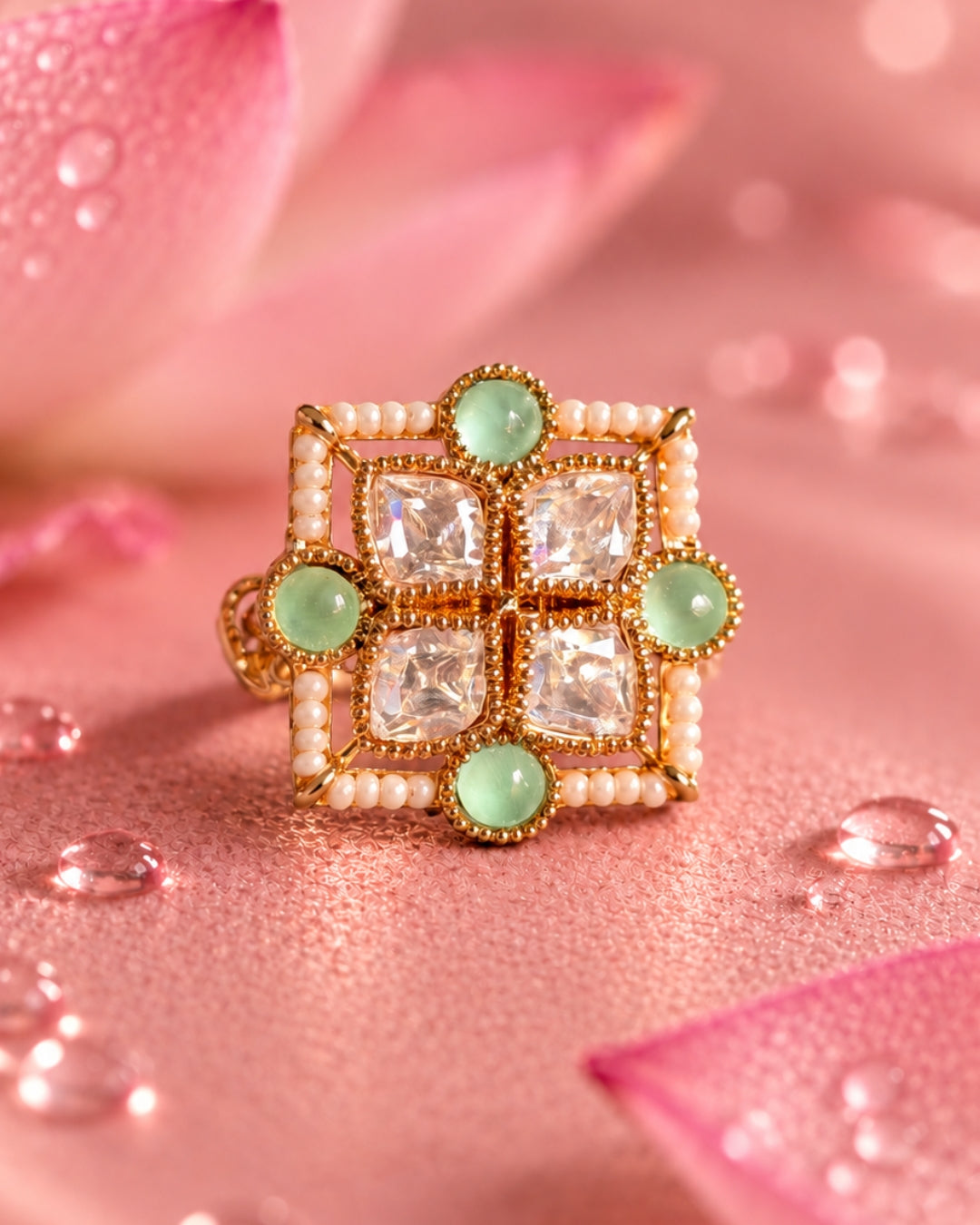 Square Kundan & Mint Green Pearl Studded Ring