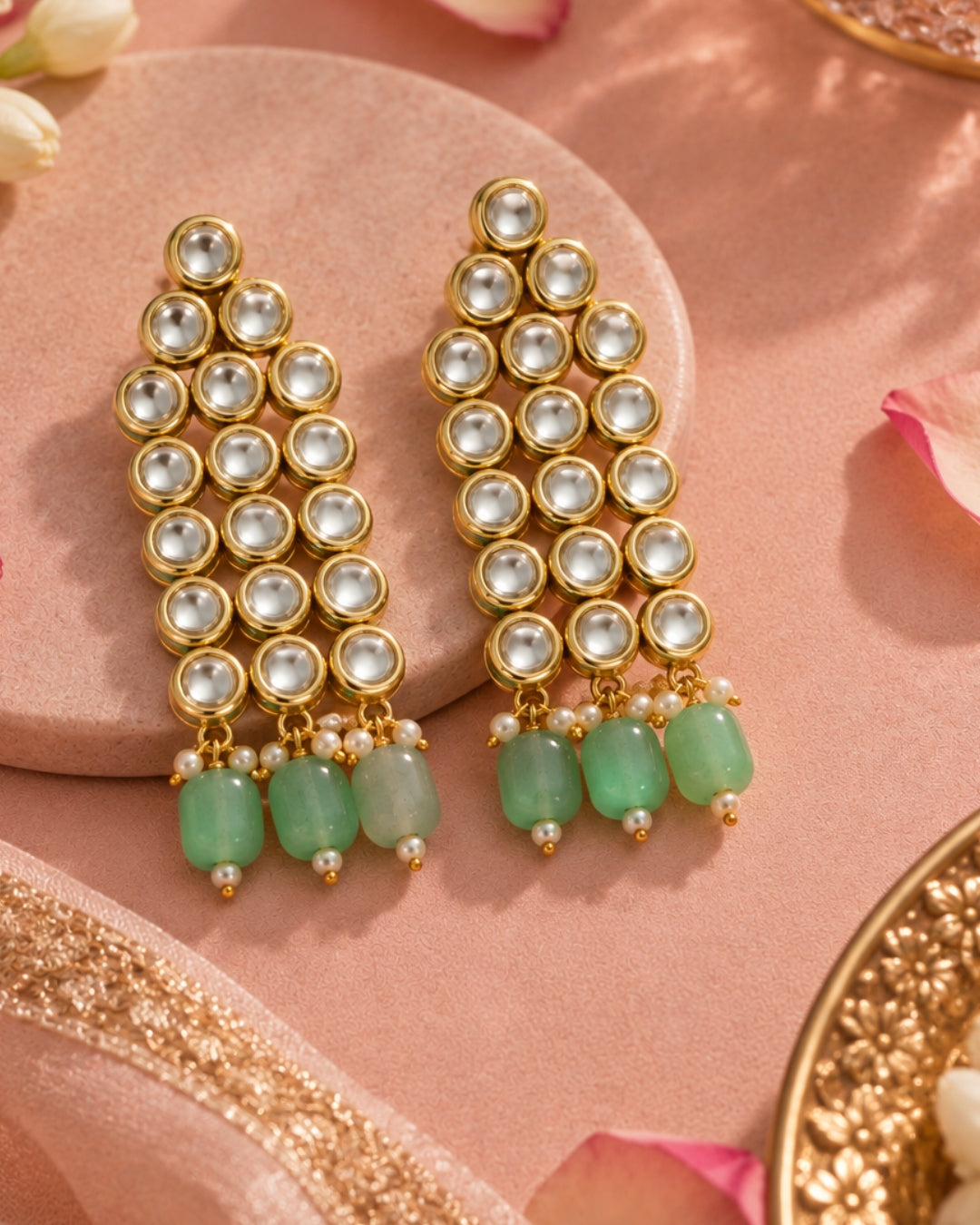Geometric Kundan Studded Mint Green Beaded Earrings