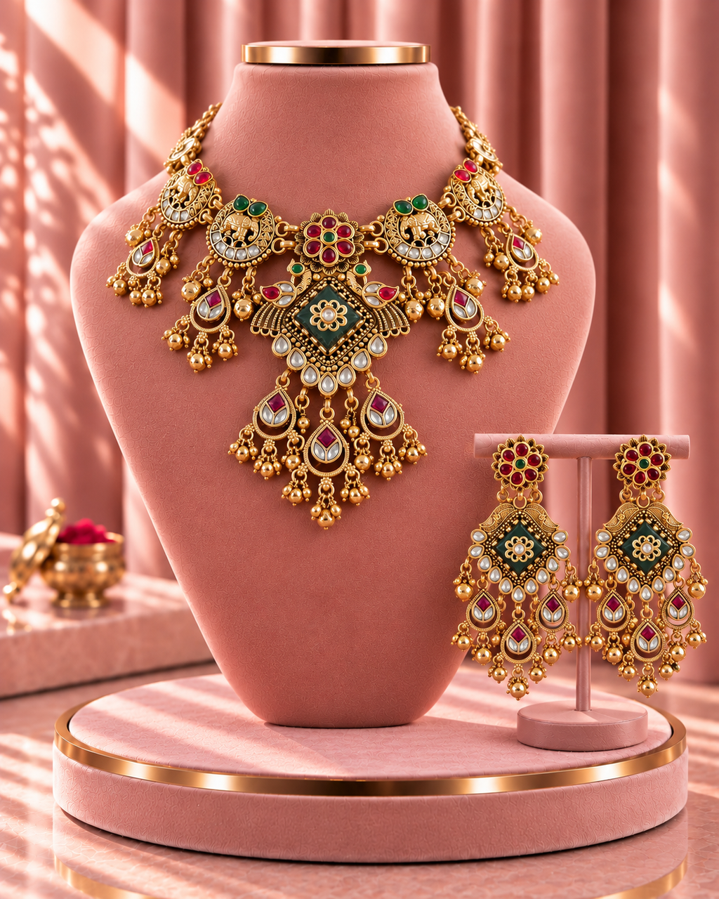 Traditional 22K Micron Gold Plated Broad Rajwadi Necklace with Bold Large Earrings