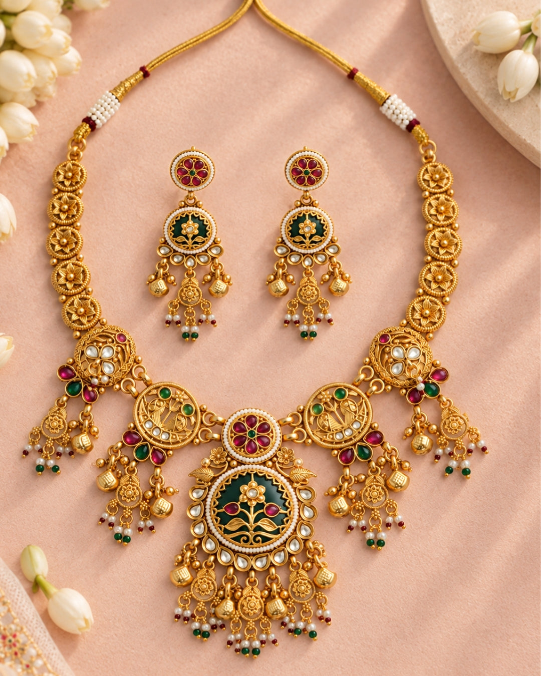 Rajwadi Emerald Multi-stone Gold Plated Necklace Set