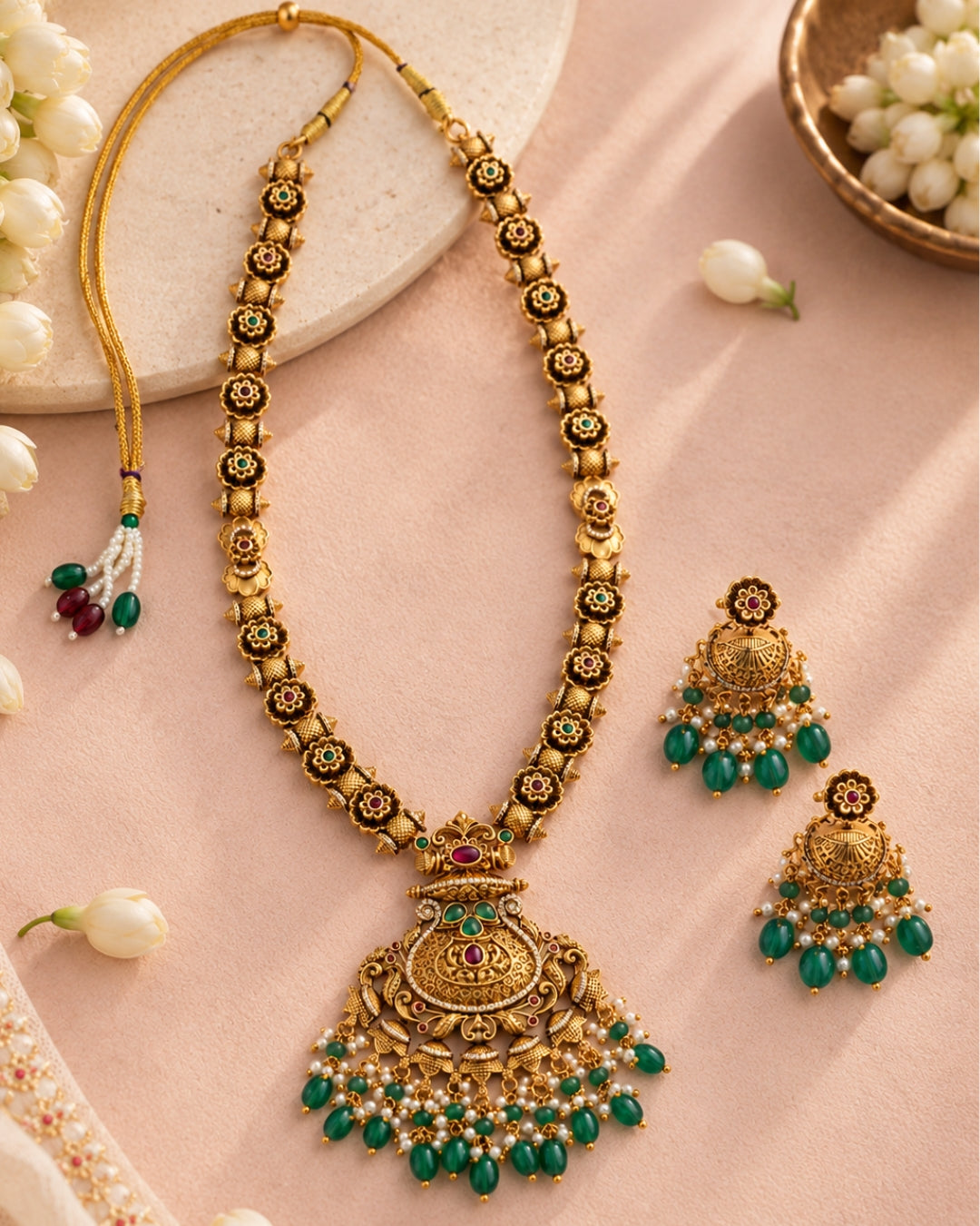 Long Traditional Green Beaded Necklace Set