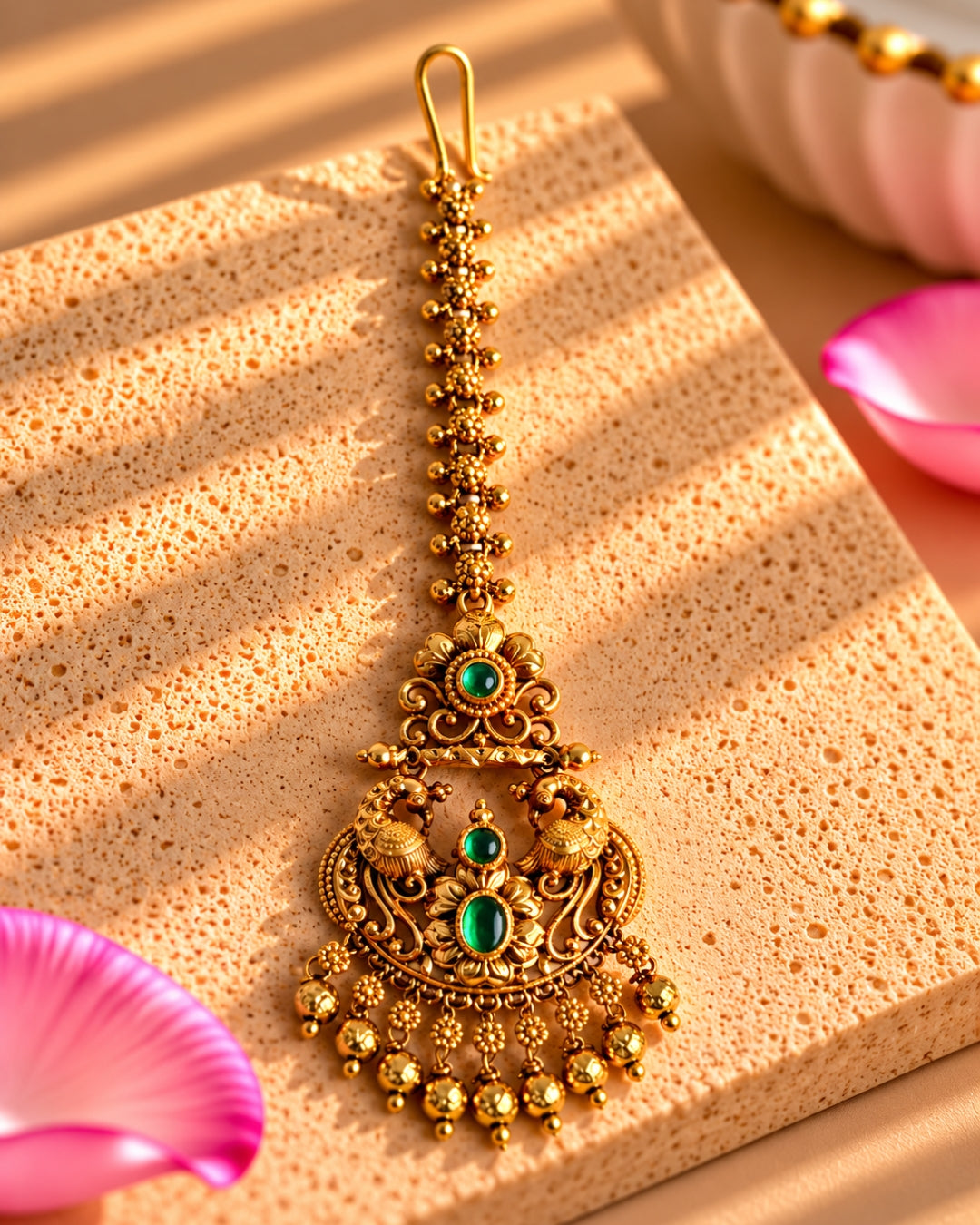 Antique Gold Plated Peacock Green Stone Maang Tikka