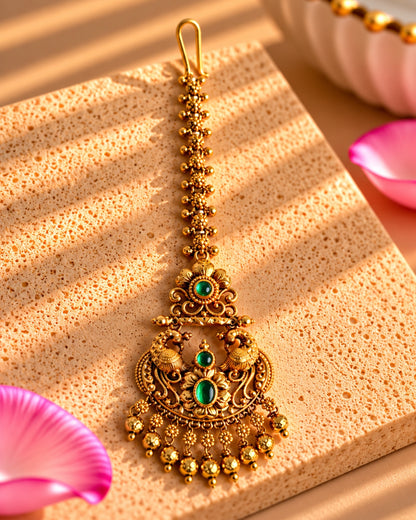Antique Gold Plated Peacock Green Stone Maang Tikka