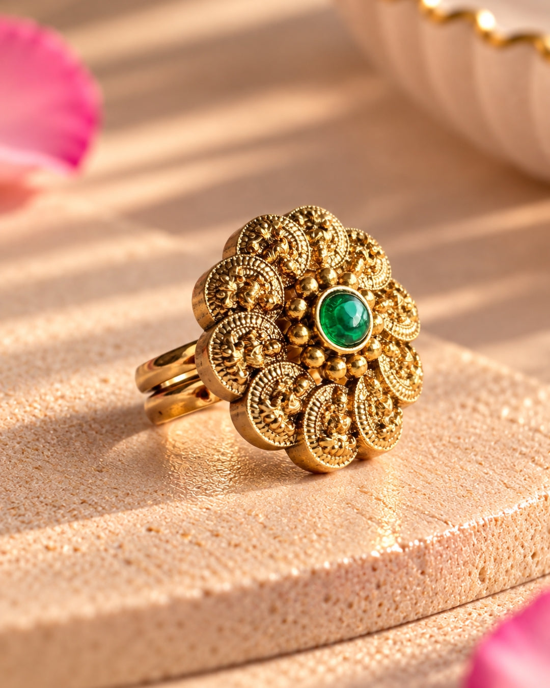 Temple Gold Plated Emerald Laxmi Coin Adjustable Ring