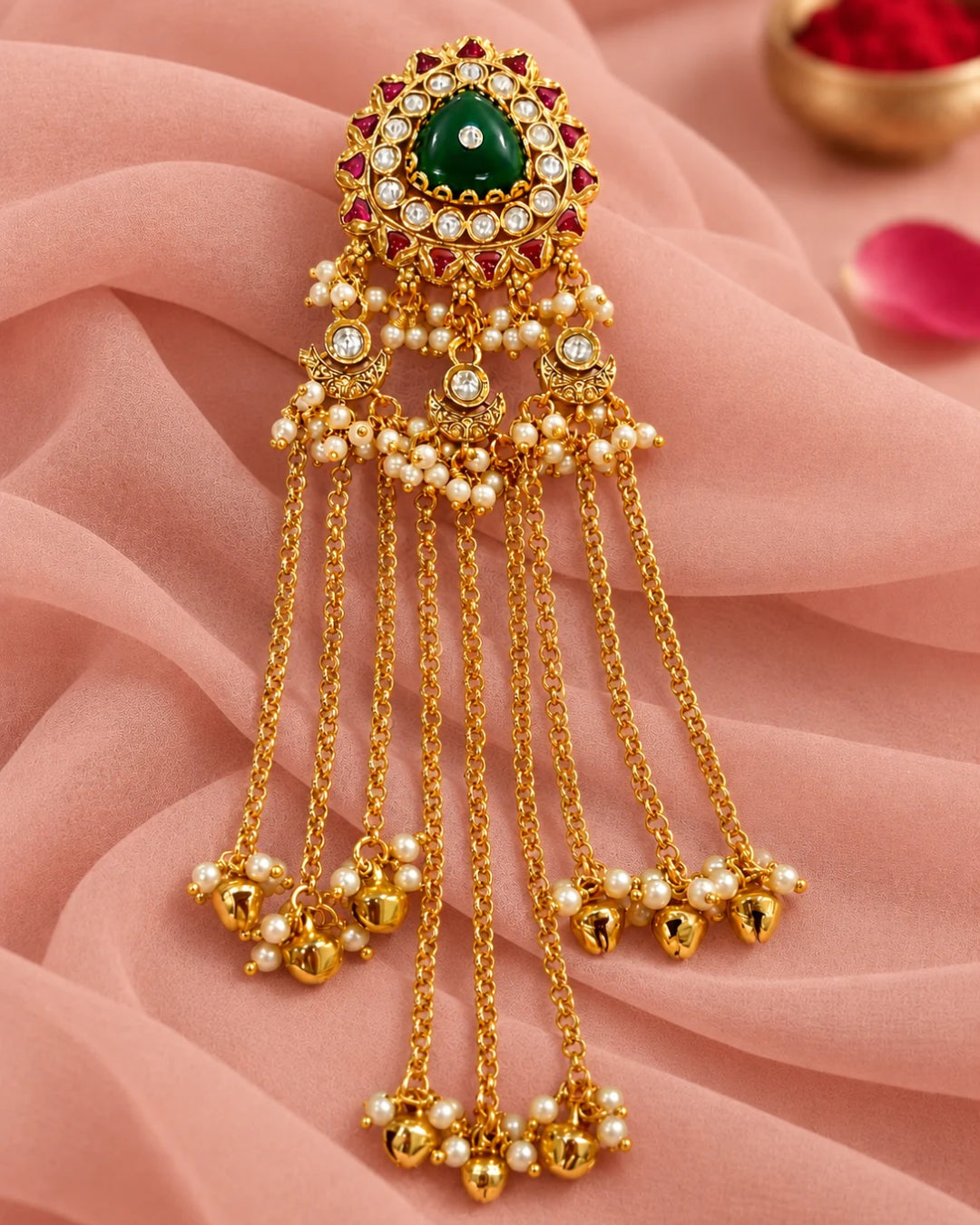22K Micron Gold Plated Pearl Beaded Festive Hair Accessory with Floral Detail