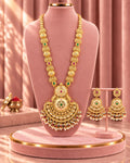 Traditional 22K Micron Gold Plated Long Heritage Necklace Set with Heavy detailing Large Pendant