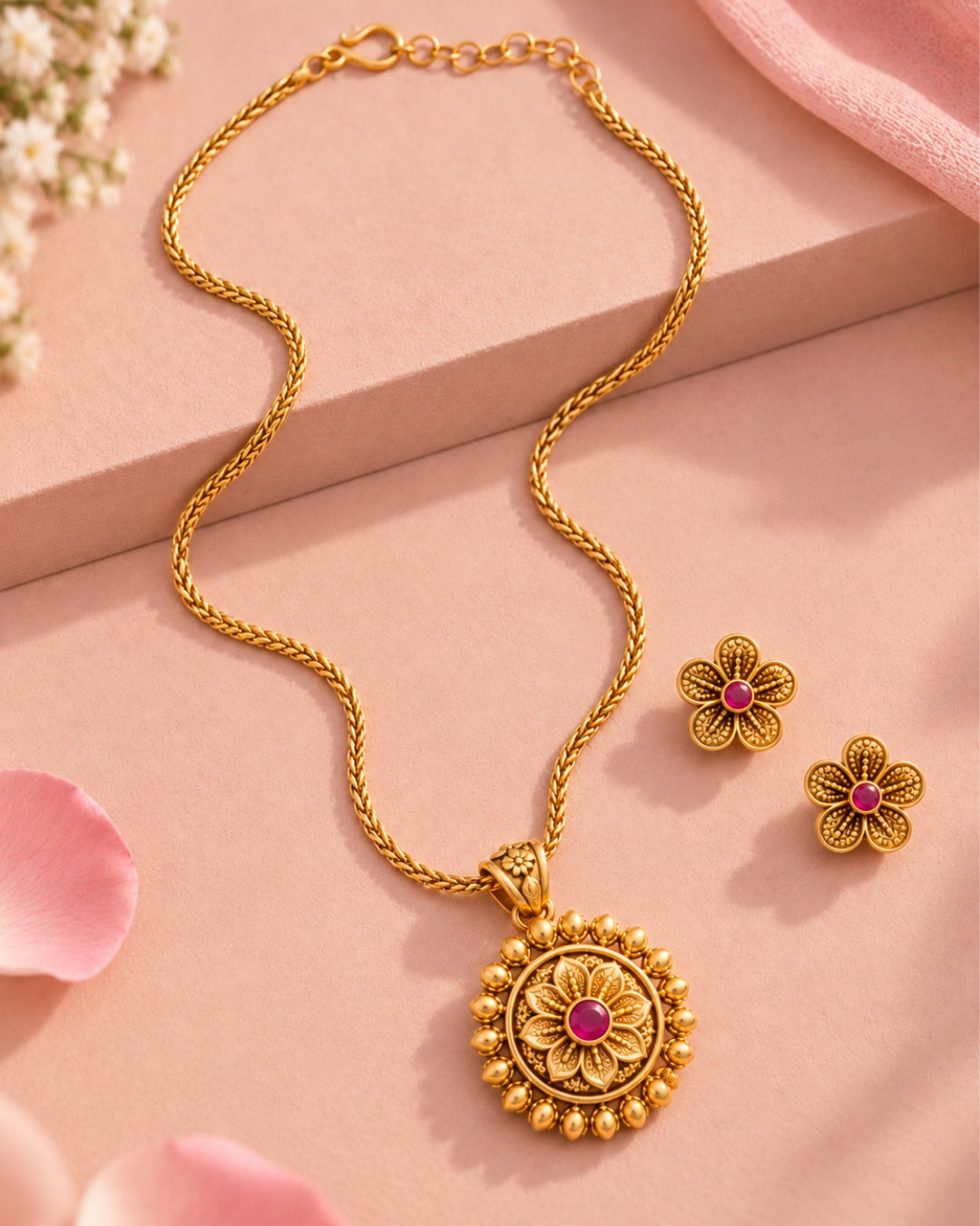 Gold Plated Round Floral Ruby Necklace & Earrings set