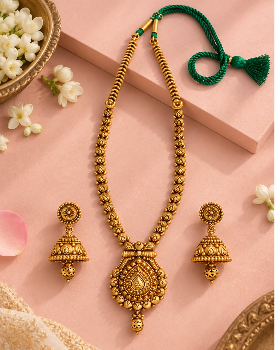 Long Traditional Gold-Plated Necklace Set with Jhumka