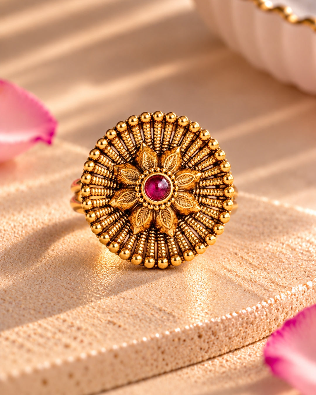 Floral-Designed Gold-Plated Round Ruby Studded Ring