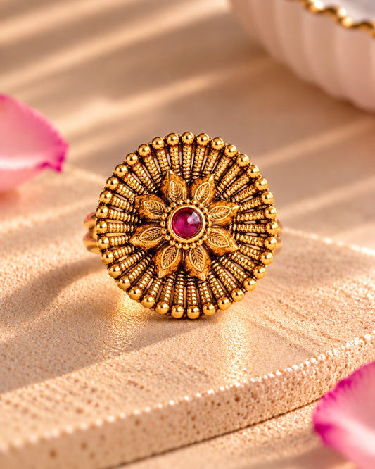 Floral-Designed Gold-Plated Round Ruby Studded Ring