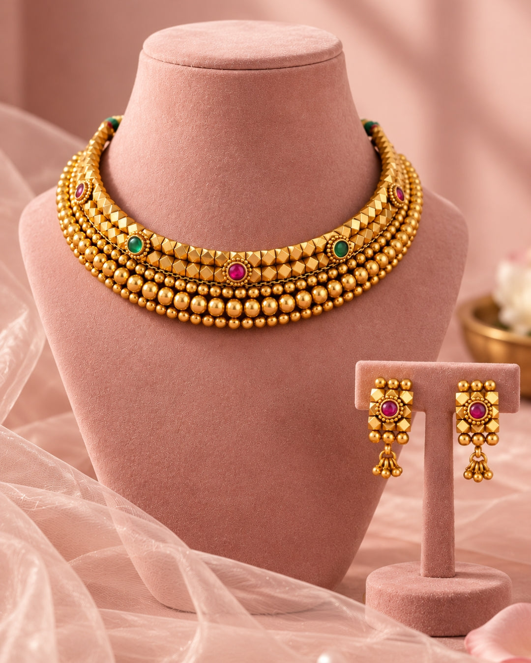 Pink & Green Stone Studded Gold Beaded Choker Set