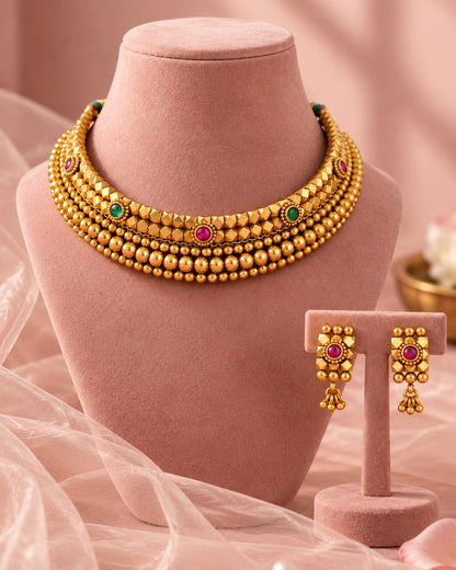 Pink & Green Stone Studded Gold Beaded Choker Set