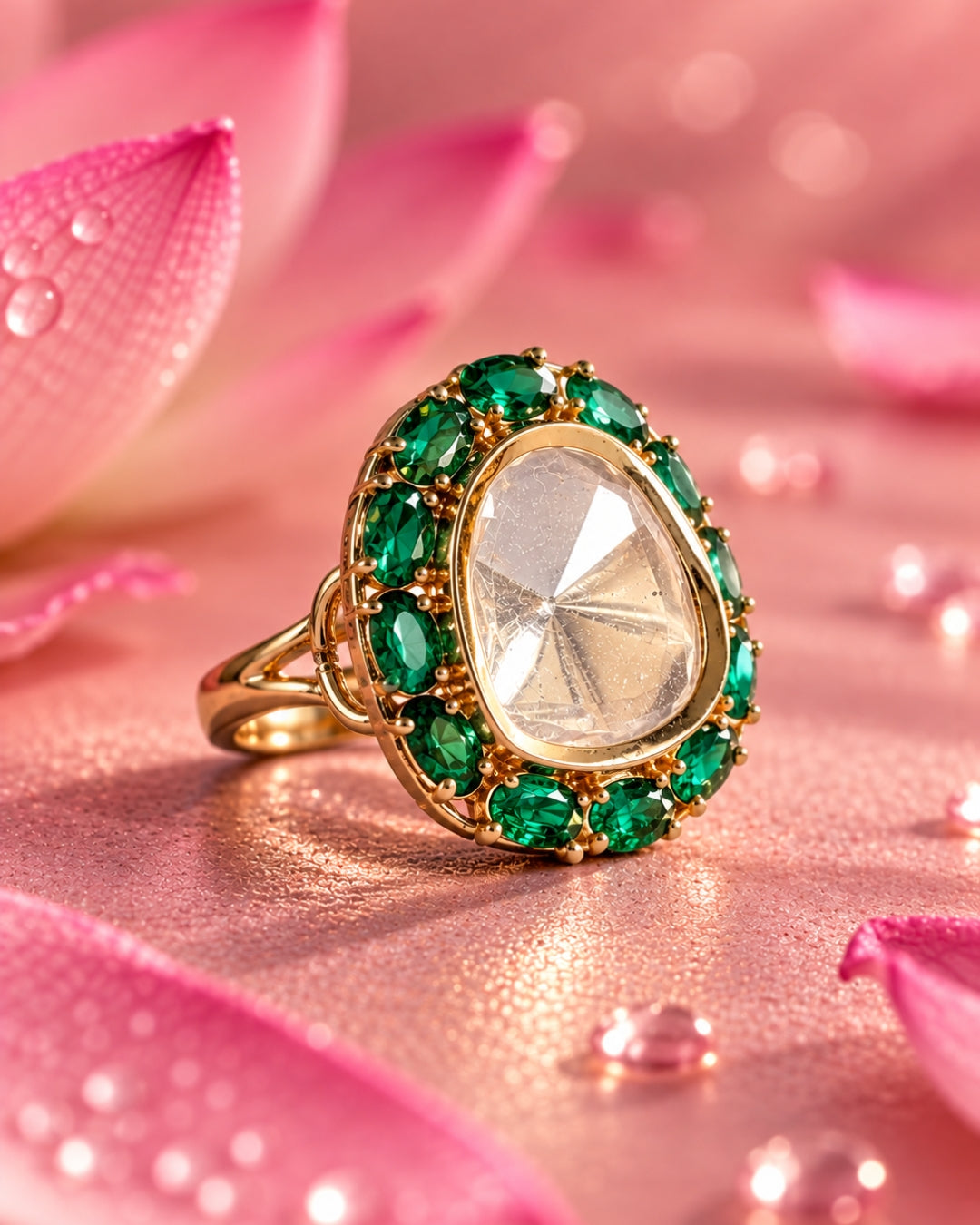 Kundan & Emerald Studded Gold-Plated Adjustable Ring