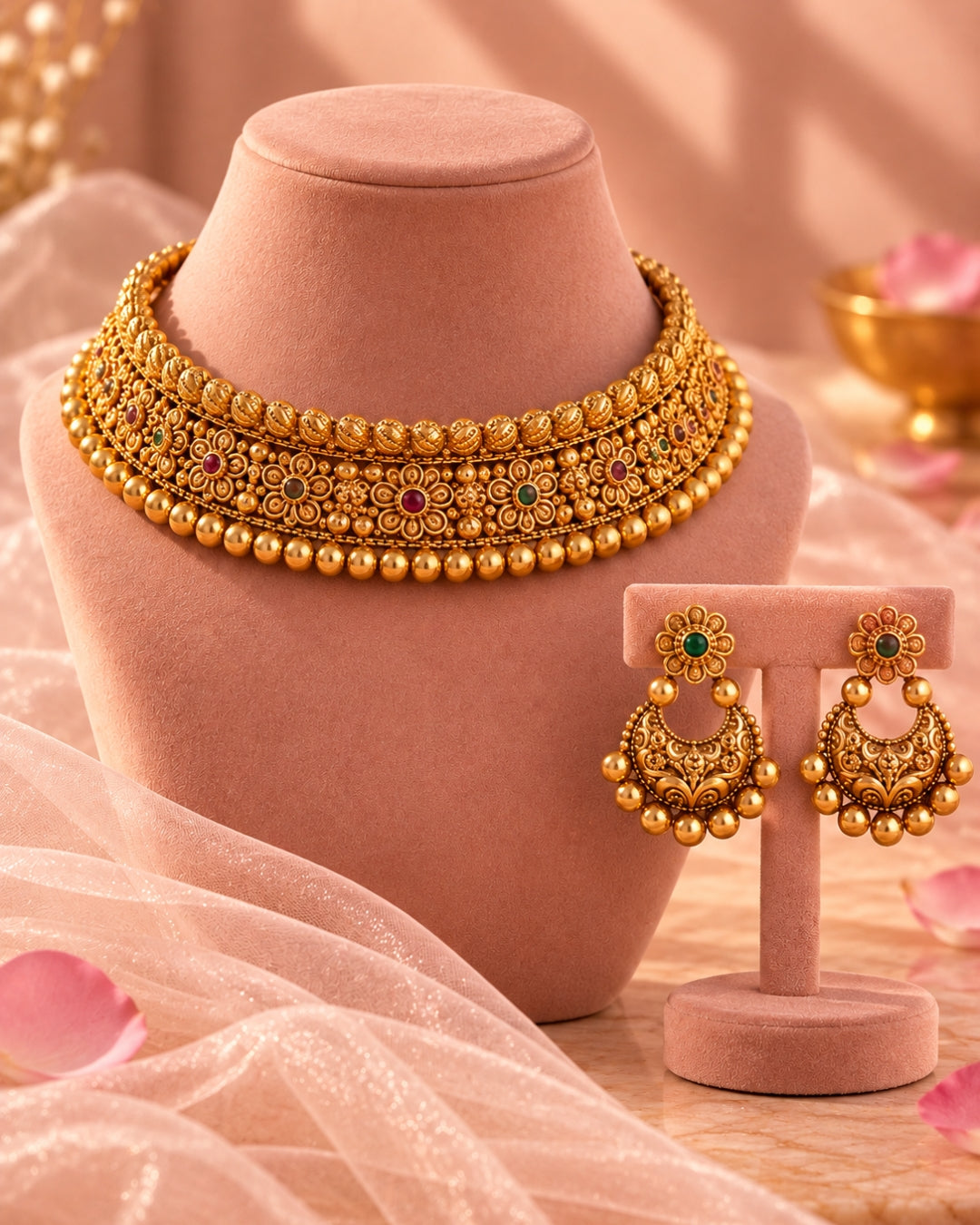 Round Beaded Floral Gold-Toned Choker Necklace Set