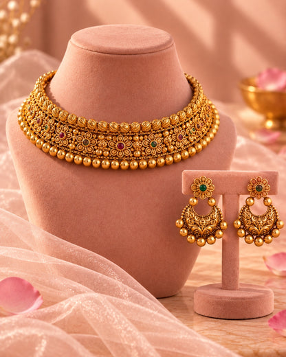 Round Beaded Floral Gold-Toned Choker Necklace Set
