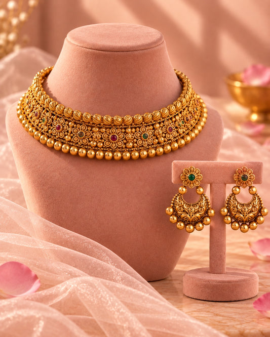 Round Beaded Floral Gold-Toned Choker Necklace Set