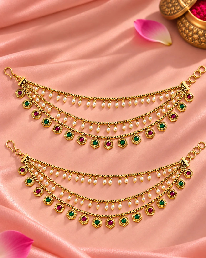 Traditional 22K Micron Gold Plated Multilayer Pearl Detailing Earchain